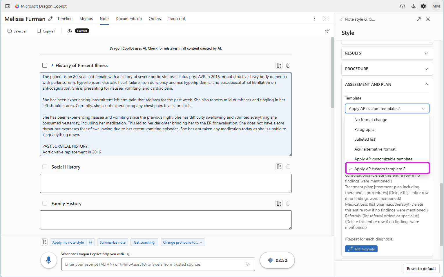 Dragon Copilot Style wizard, Assessment and Plan section with Template drop-down menu displayed and an A&P custom template highlighted on the list.