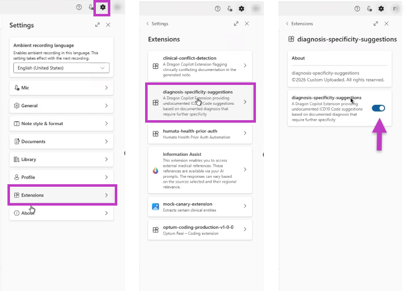 Screenshot of the settings pane showing the Diagnosis specificity suggestions extension and toggle control.