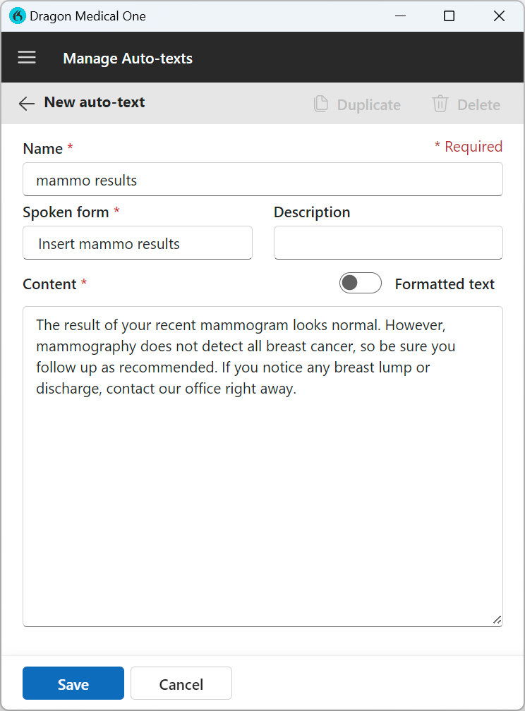 Manage Auto-texts window with new auto-text