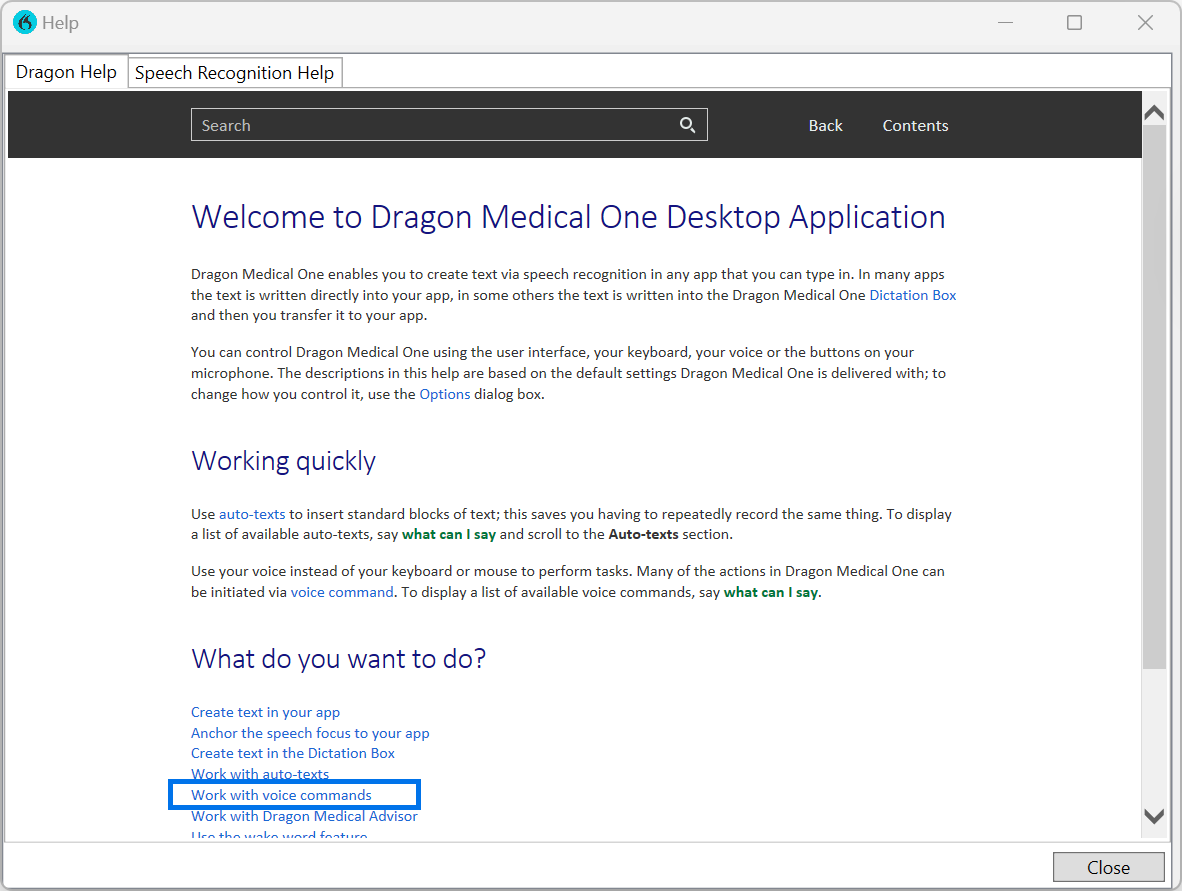 Dragon Medical One Help opened and Work with voice commands highlighted