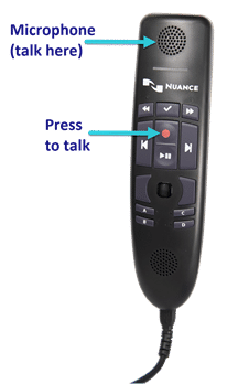 PowerMic with arrow pointing to microphone area (talk here) and arrow pointing to press to talk button.