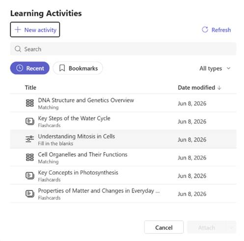 Screenshot of attaching a learning activity.