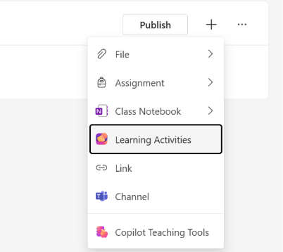 Screenshot of the Learning Activities option in the Classwork module menu.