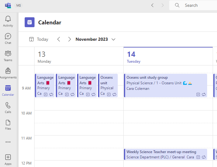 Screenshot of calendar.