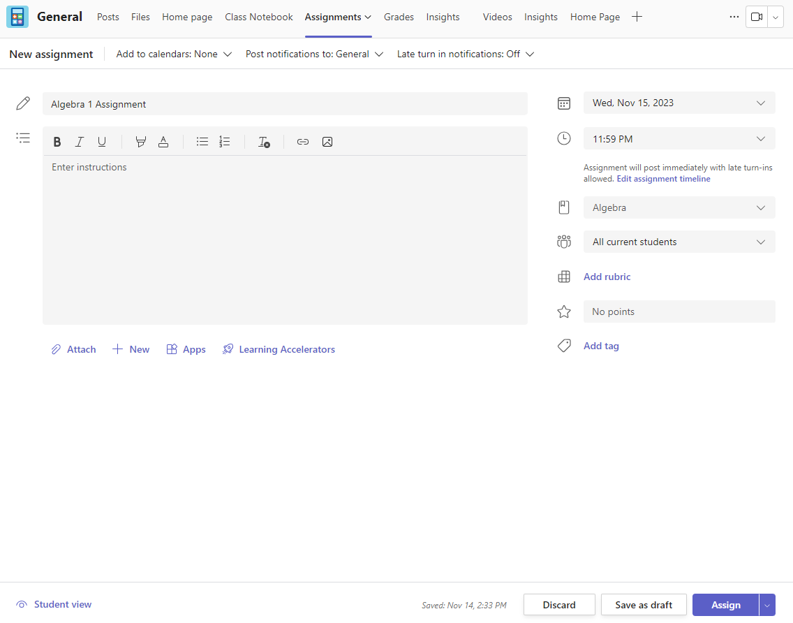 Screenshot of creating a assignment.