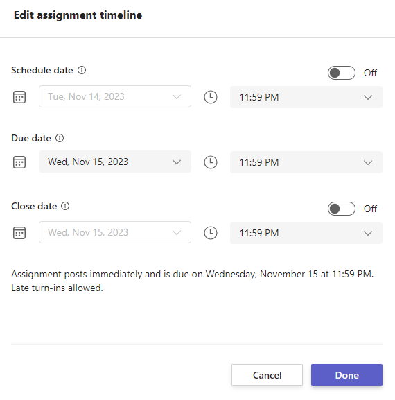 Screenshot of edit assignment timeline.