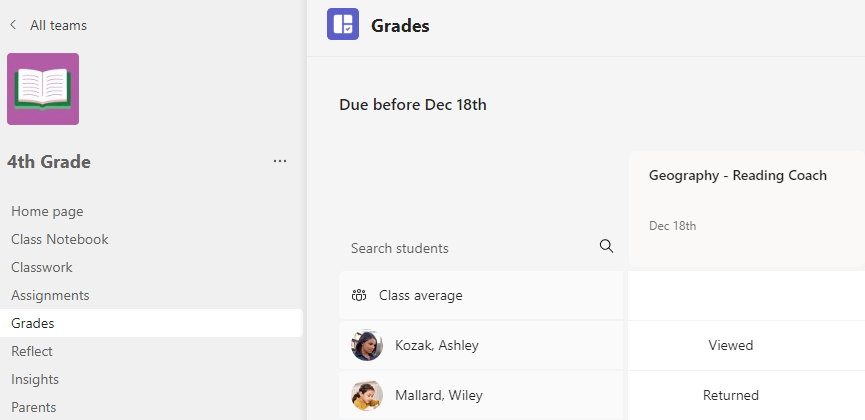Screenshot of grades.