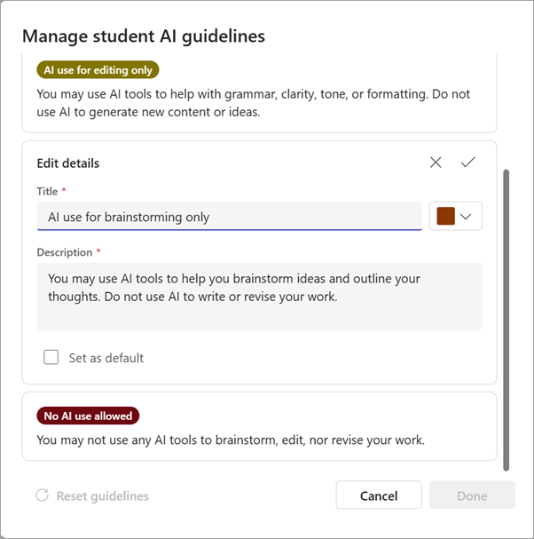 Screenshot of options for managing ai guidelines.