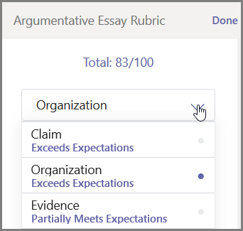 Select the section of the students assignment to grade