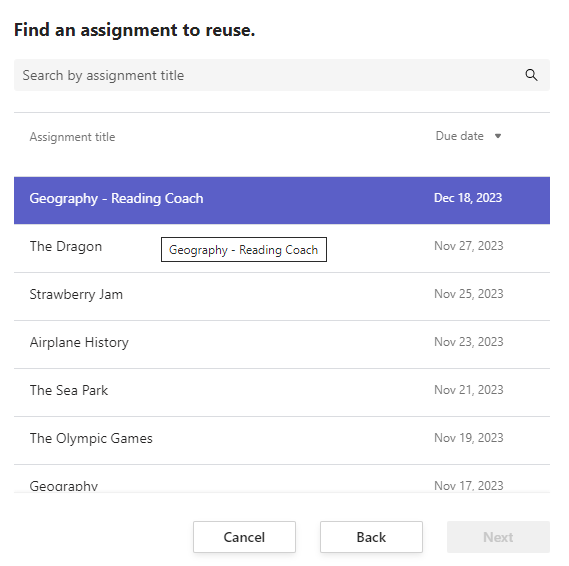 Screenshot of finding an assignment to reuse.