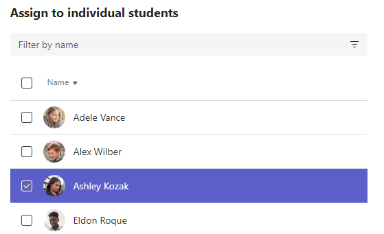 Screenshot of assigning to individual students.