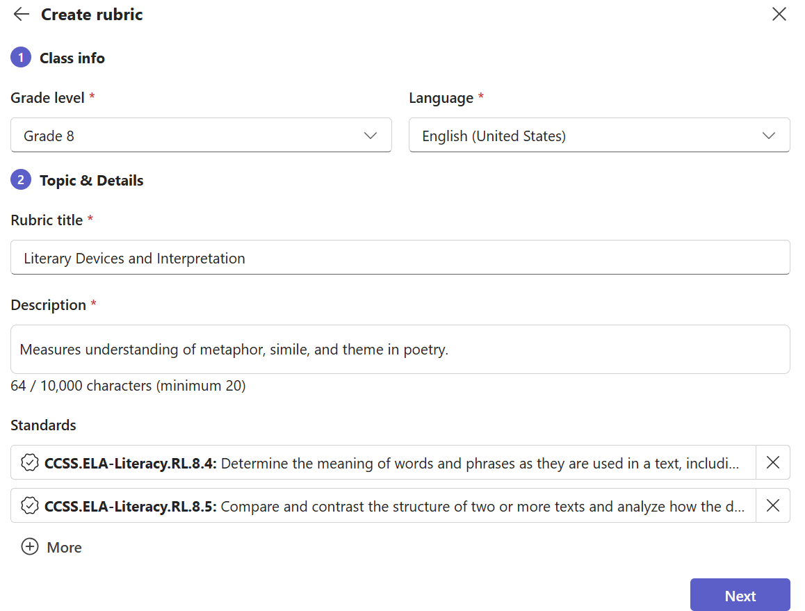 Screenshot of the Create rubric interface in Microsoft Teams. Step 1 shows fields for Grade level (Grade 8 selected) and Language (English - United States selected). Step 2 includes Rubric title (Literary Devices and Interpretation), a Description field describing the rubric focus, and two academic standards listed: CCSS.ELA-Literacy.RL.8.4 and CCSS.ELA-Literacy.RL.8.5. A Next button appears in the lower-right corner.