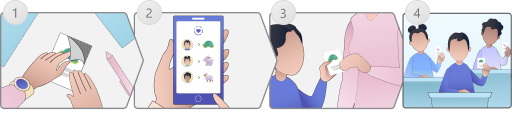 An educator places Velcro on the back of an animal card, then reviews a phone screen with animal icons assigned to students, and finally hands out animal cards to the students.