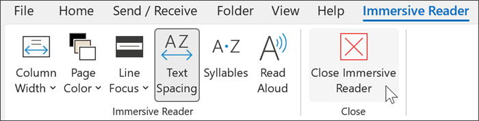 Immersive reader tool in outlook with cursor hovering over close