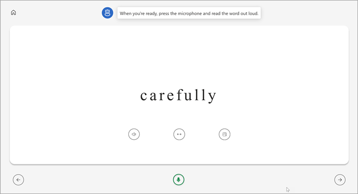 full screen view of students reading coach page. the word carefully is shown with buttons to play the word, stretch the word, or see a picture beneath. a green microphone is at the bottom center of the page.