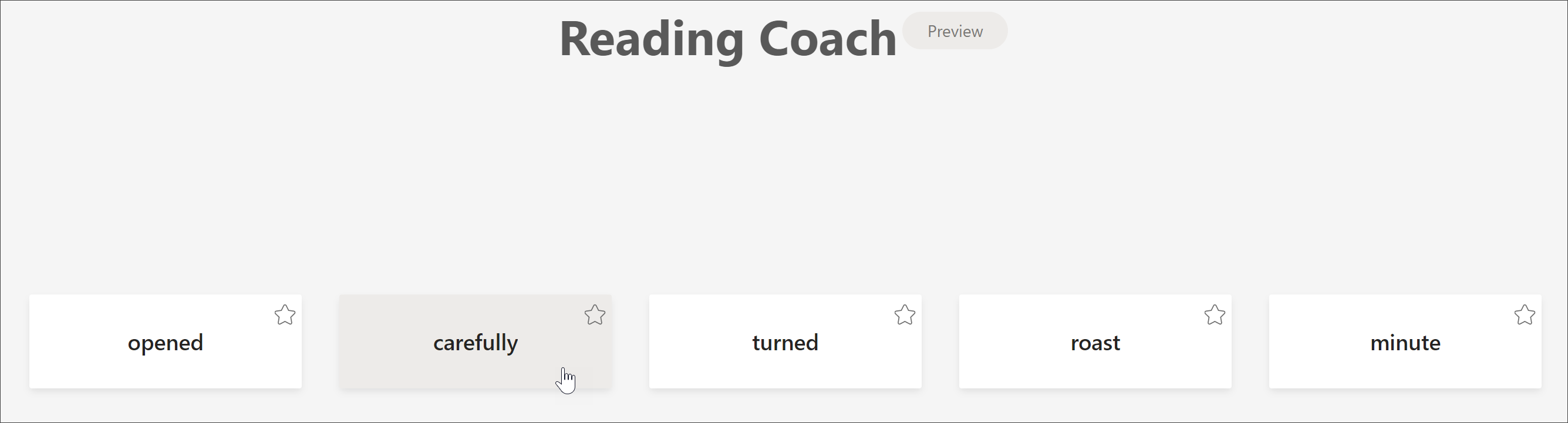 screenshot of the student view of reading coach showing the 5 words a student was most challenged by with the cursor hovering over the word carefully