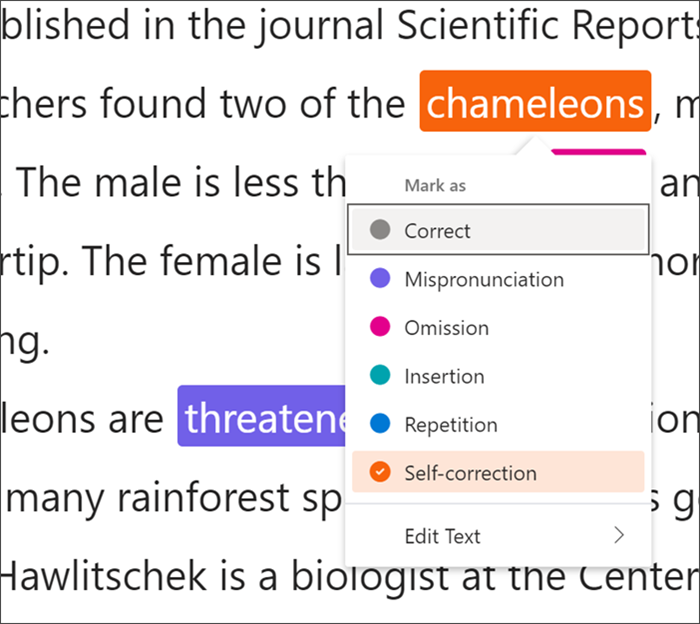 text marked with errors, the word chameleons is encased in a black sqaure indicating that keyboard shortcuts are being used, a dropdown menu shows self-correction being selected from the available types of errors.