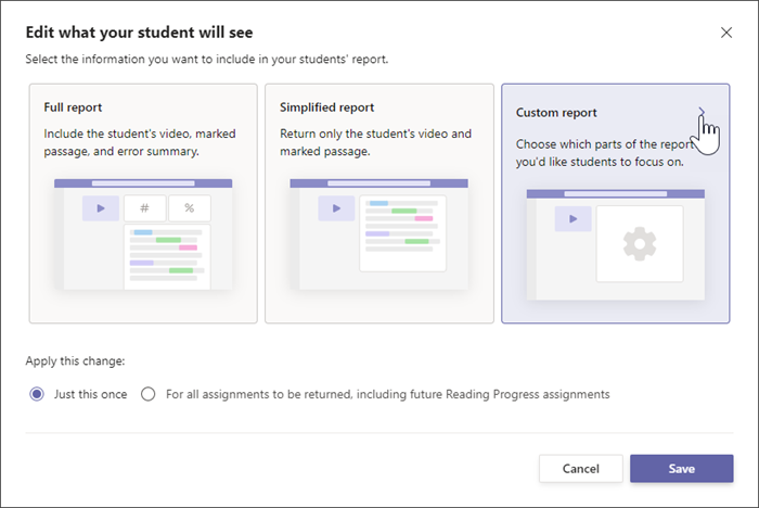 Two options for reports for students are shown, the full report includes specific numerical details on the students performance, the simplified report shows only which words in the text the student missed.