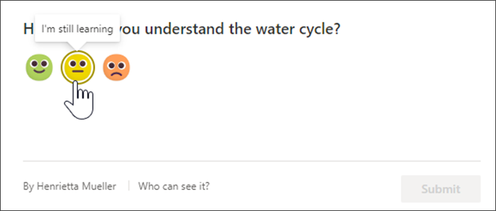 Screenshot of the student view of the reflect check in before they respond. The mouse hovers over the yellow, unsure emoji and a tooltip reads Im still learning