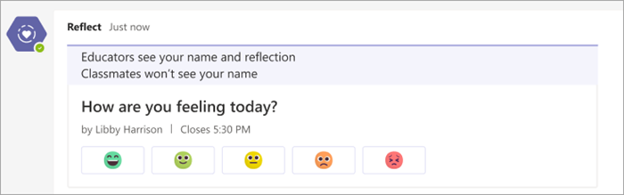 check-in as it appears in the class teams channel. 5 emoji buttons ranging from very comfortable to very uncomfortable beneath the check-in question how are you feeling today?