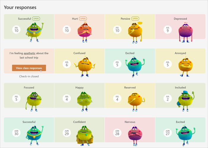 calendar view of students past responses, a variety of feelings monsters and their named emotions are shown. for closed responses, a button appears on hover that allows students to drill in and see how their classmates responded.