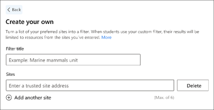 Screenshot of creating a custom filter. The example filter title says marine mammals unit and there is open space below to enter your own preferred sites.