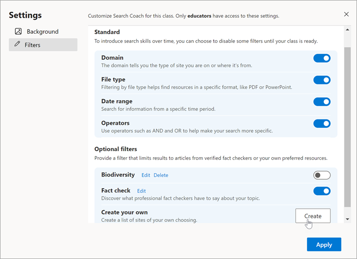 Screenshot of the filters section in settings with a mouse selecting create on create your own