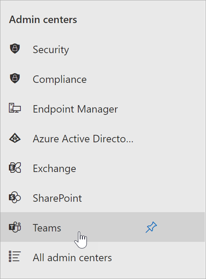 screenshot of the microsoft 365 admin center with the cursor hovering over the entry point for the Teams admin center.