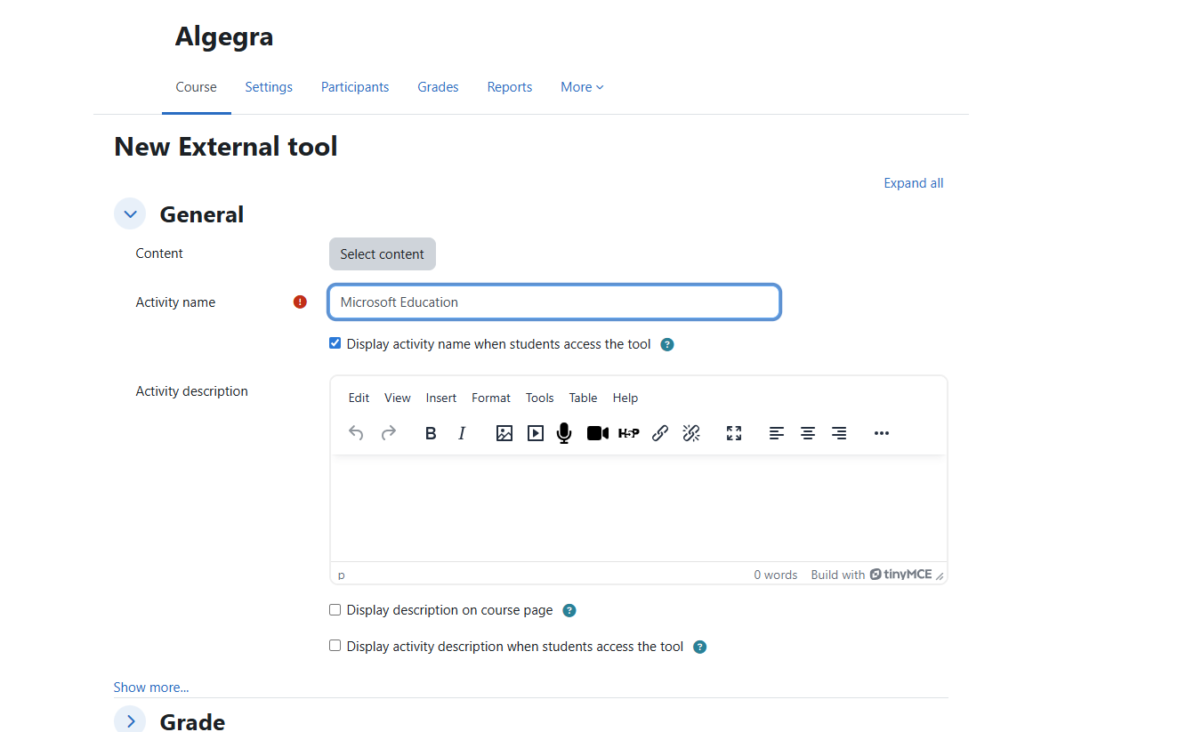 Moodle New External Tool dialog