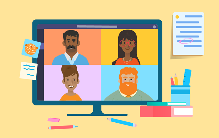 Four peoples faces showing in an online call.