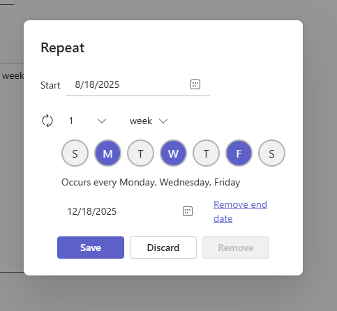 Recurring meeting settings dialog