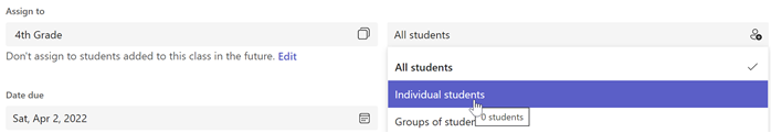 Screenshot of assignment creation selecting assign to: individual students