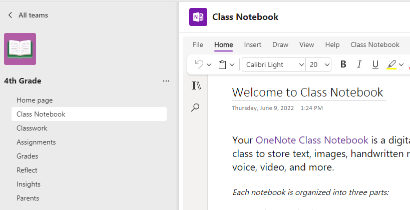 Screenshot of setting up class notebook.