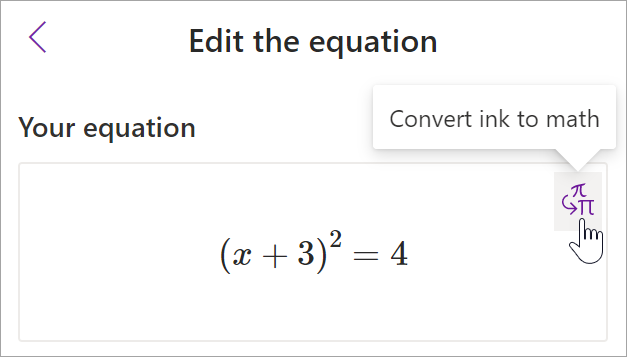 screenshot of the math assistant pane in onenote. A cursor hovers over the ink to text button.