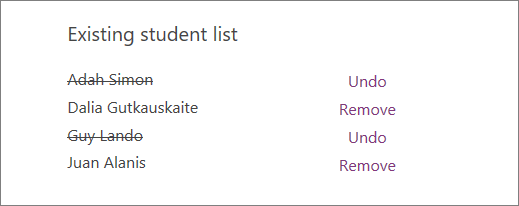 Removed students names are crossed off of the Existing student list with options to Undo and Remove next to all names.