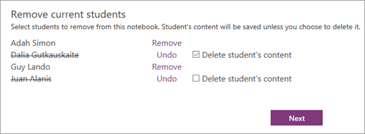Open Remove current students list with students names selected. A checkbox next to a selected students name says Delete students content.