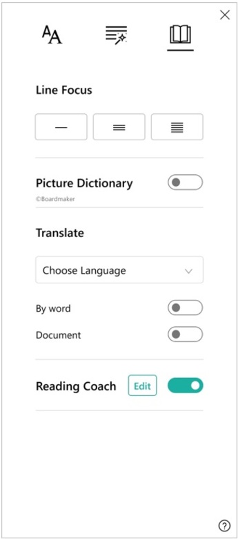 Screenshot of the reading preferences pane of immersive reader, showing options for line focus, picture dictionary, translation, and Reading Coach.