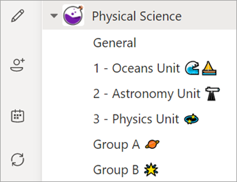 Screenshot that shows Class team channel list.