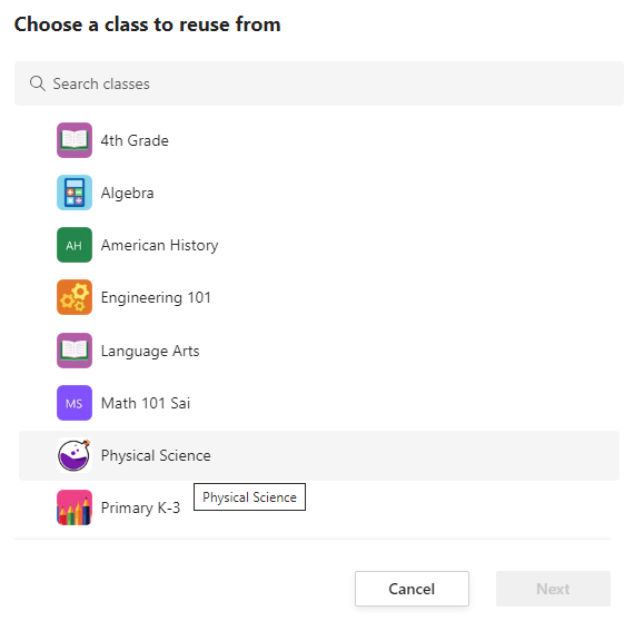 Screenshot of classes.