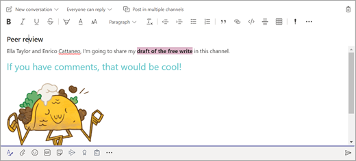 Screenshot that shows how a student creates a post in a class team channel using text edit options and a sticker attachment.