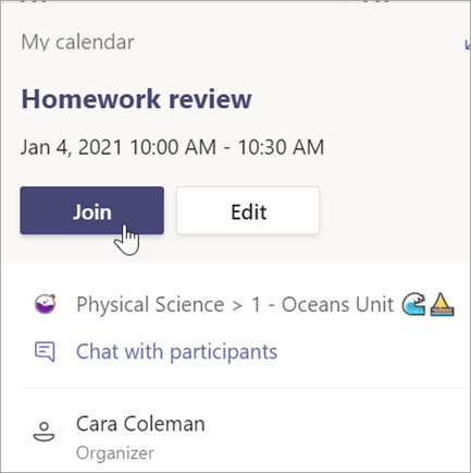 Screenshot that shows Homework review meeting card with Join button.