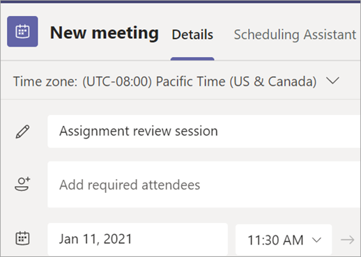 Screenshot that shows New meeting form in Teams with title, attendees, date, and time fields.