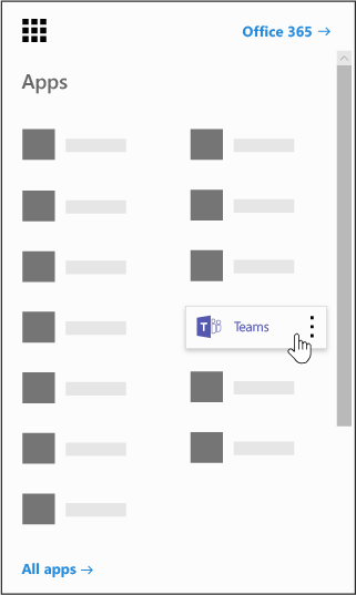 The Office 365 app launcher with the Microsoft Teams app highlighted
