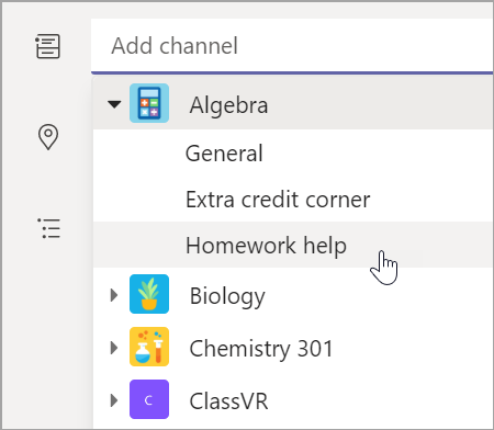 Screenshot that shows to choose the team channel for your class.
