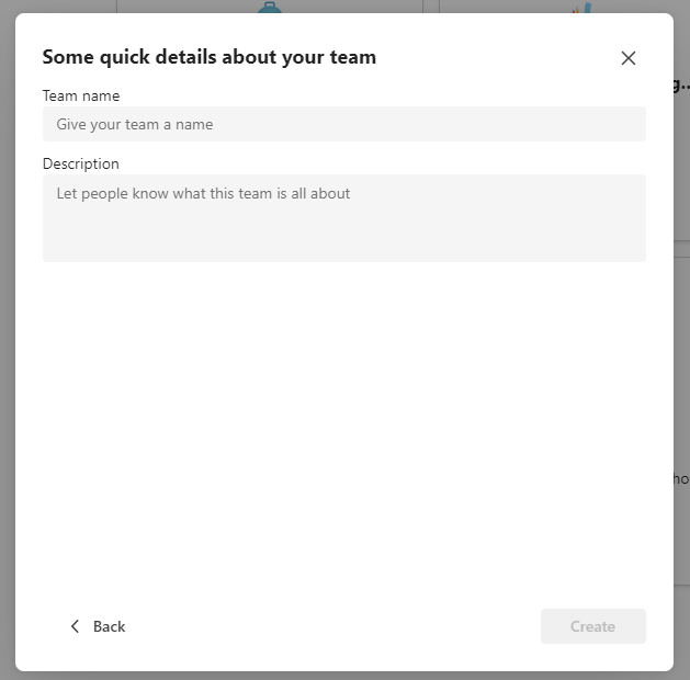 Screenshot of set up team.
