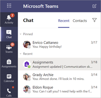 Screenshot that shows students private chats in Teams.
