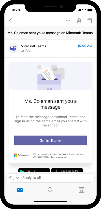Screenshot of email on mobile device inviting parent to open educators message in Teams.