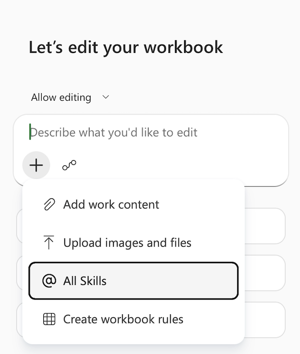 Screenshot of the Copilot in Excel 'Add work content' menu, with 'All skills' highlighted.