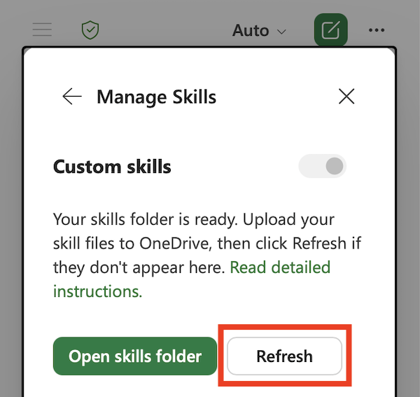 Screenshot of the Copilot in Excel Custom skills dialog with the the Refresh button highlighted.