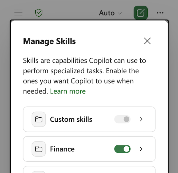 Screenshot of the Copilot in Excel Manage skills dialog.